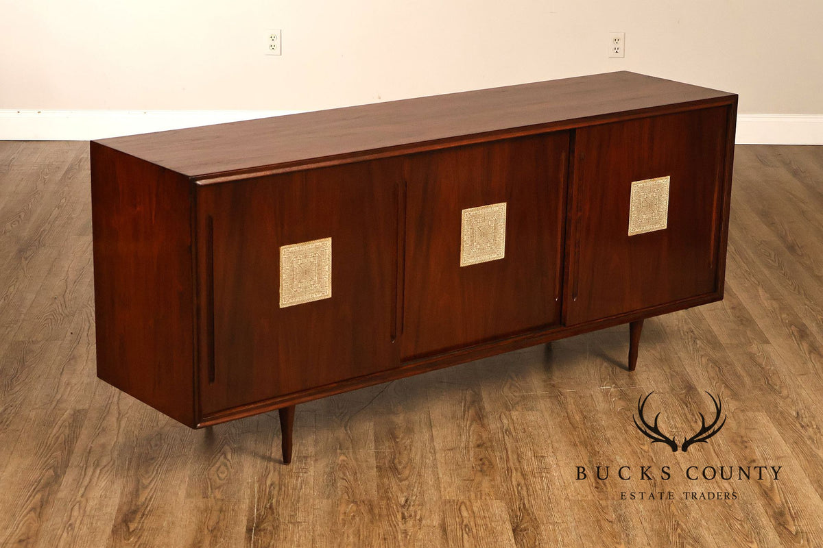 Mid Century Modern Walnut Buffet Sideboard With Decorative Tile Inlays