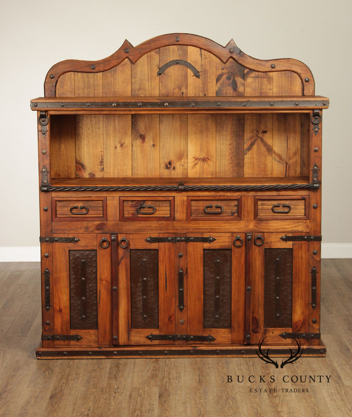 Rustic Spanish Colonial Style Pine Iron Mounted Sideboard Hutch
