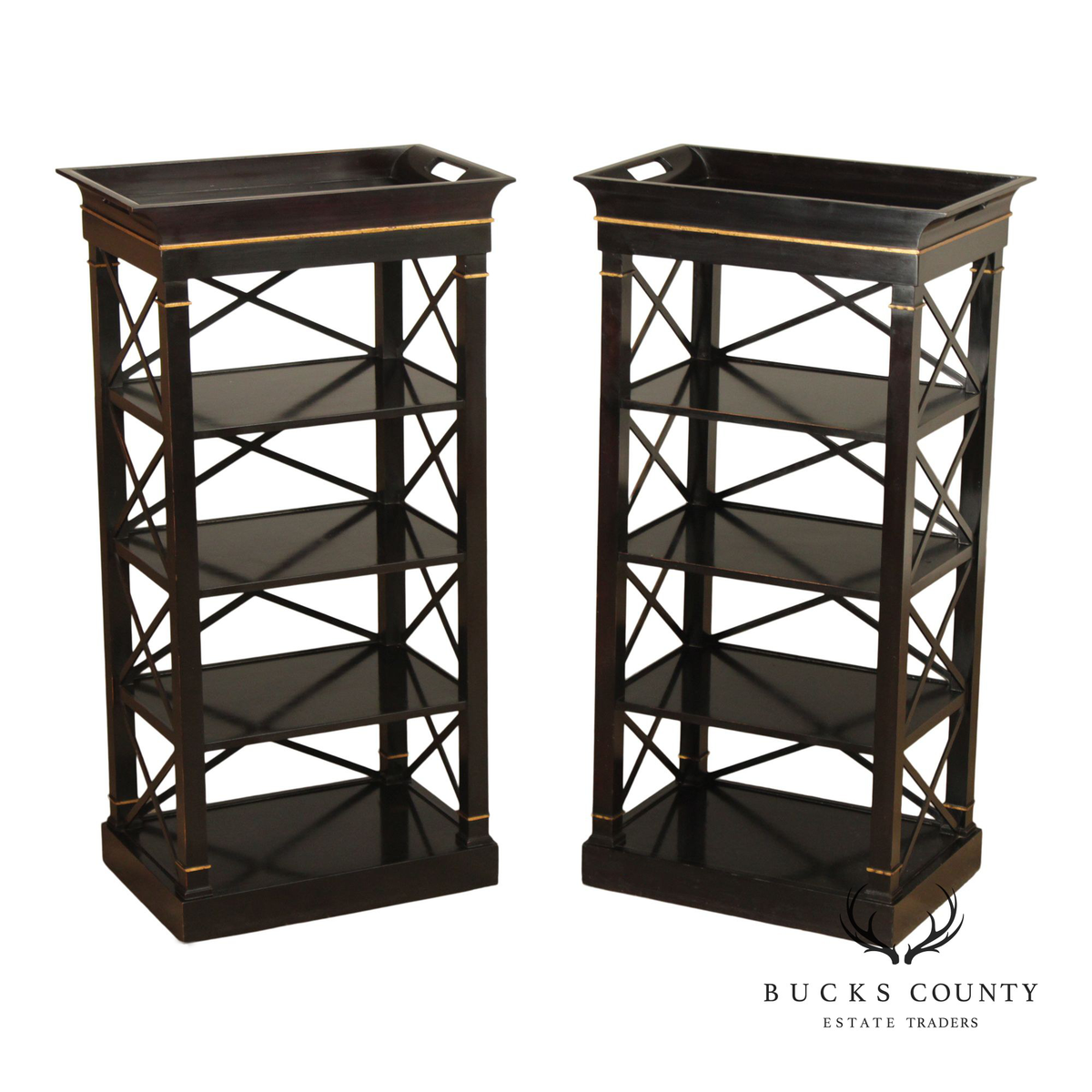 Baker Furniture Neoclassical Style Pair of Tray Top Bookcases