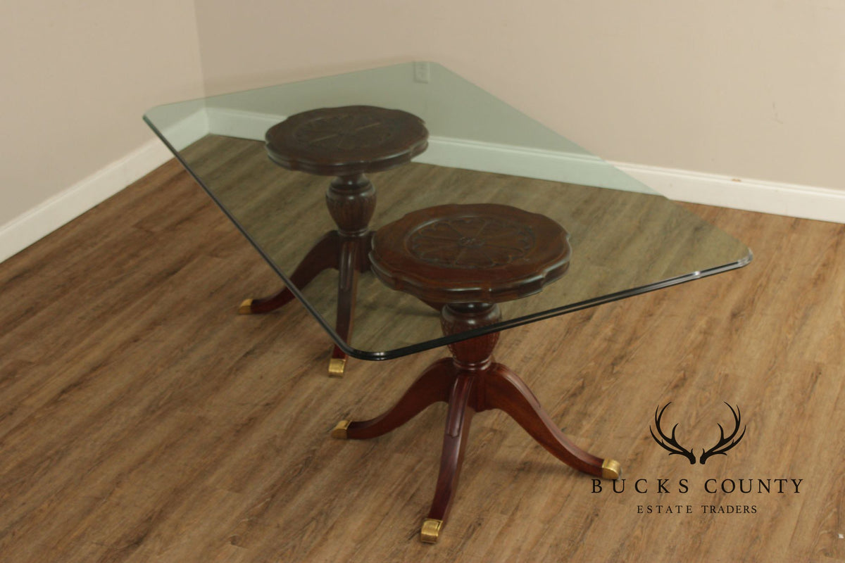 Georgian Style Mahogany Double Pedestal Glass Top Dining Table
