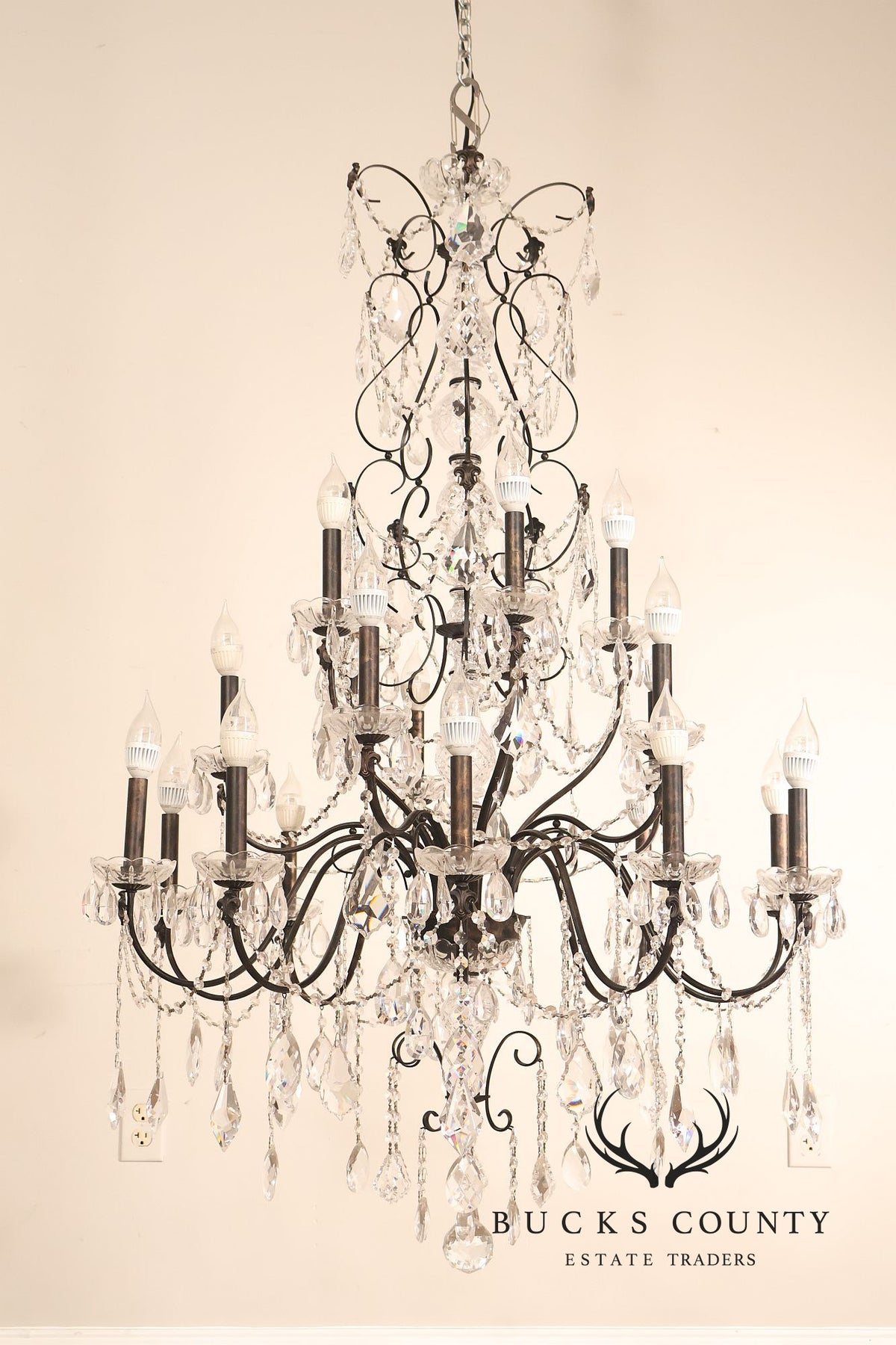 Large Twenty-Light Crystal And Wrought Iron 55" Chandelier