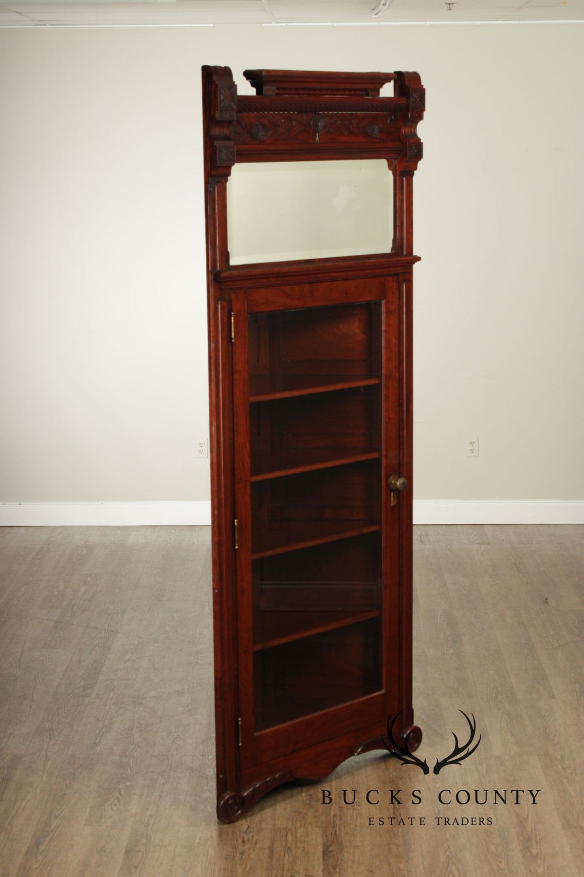 Antique Victorian Carved Walnut Corner Cabinet With Mirrored Transom