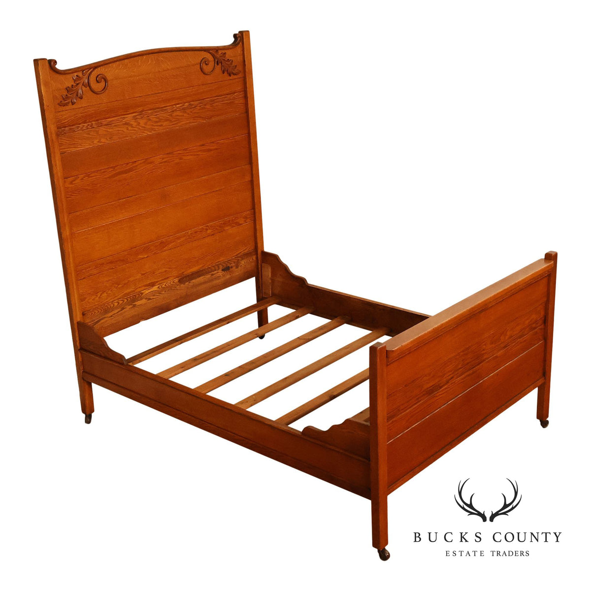 Antique American Victorian Oak Full Size High Back Bed