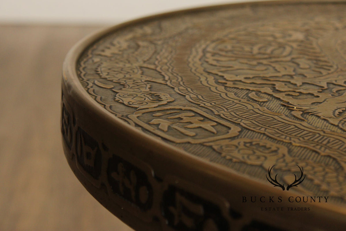 Chinese Style Bronze Top And Wood Base Accent Table With Dragon Motif
