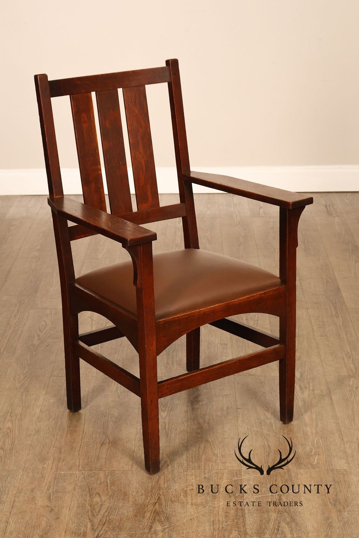Antique Gustav Stickley Harvey Ellis Arts And Crafts Mission Oak And Leather Armchair