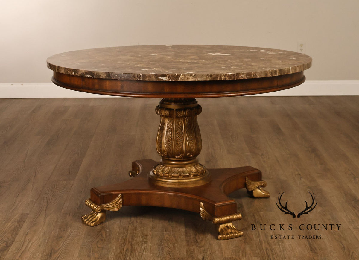 Drexel Neoclassical Revival Round Marble Top Pedestal Dining or Center Table With Claw Feet