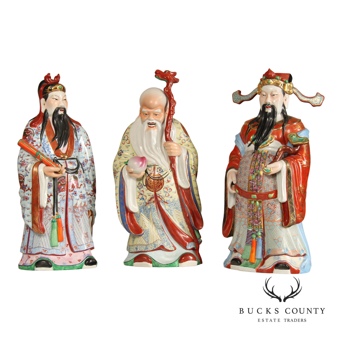 Set Of 3 Chinese Porcelain Fu Lu Shou Immortal Figurines