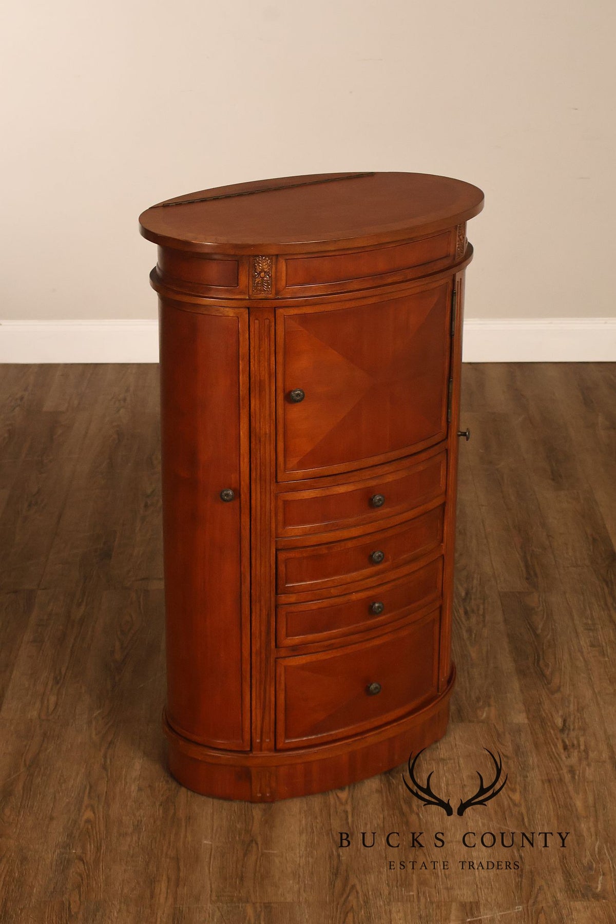 Oval Burl Wood Jewelry Armoire With Lift Top And Side Doors