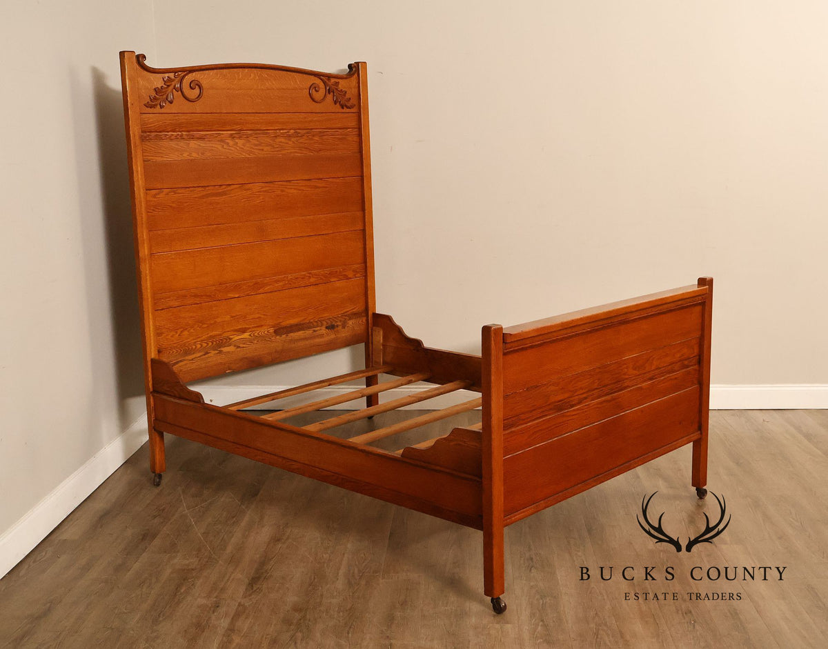 Antique American Victorian Oak Full Size High Back Bed