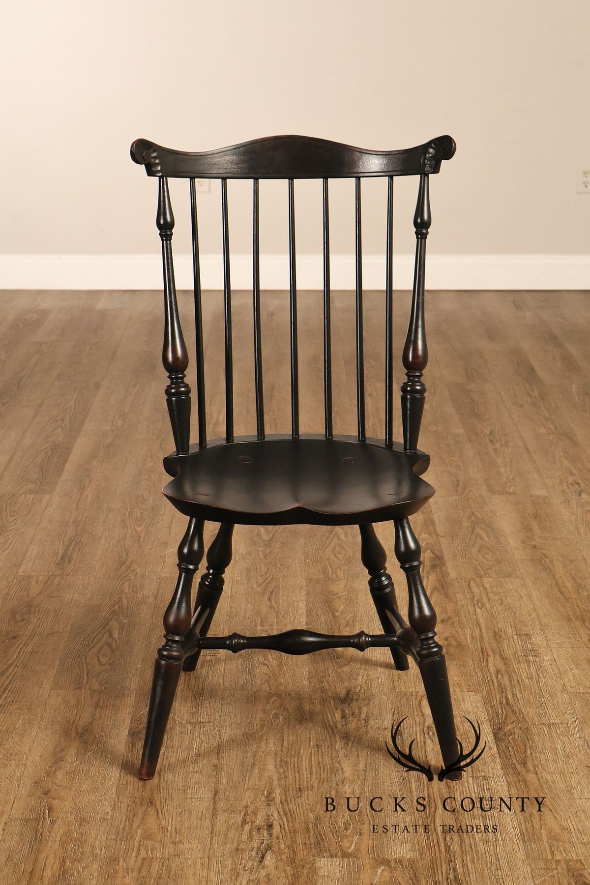 Custom Set Of Four Black Over Red Painted Fan Back Windsor Dining Chairs