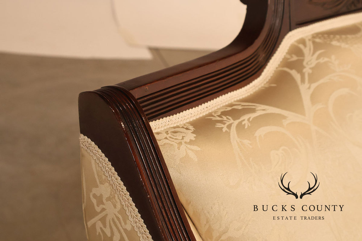 Federal Sheraton Style Upholstered Sofa With Carved Wood Frame