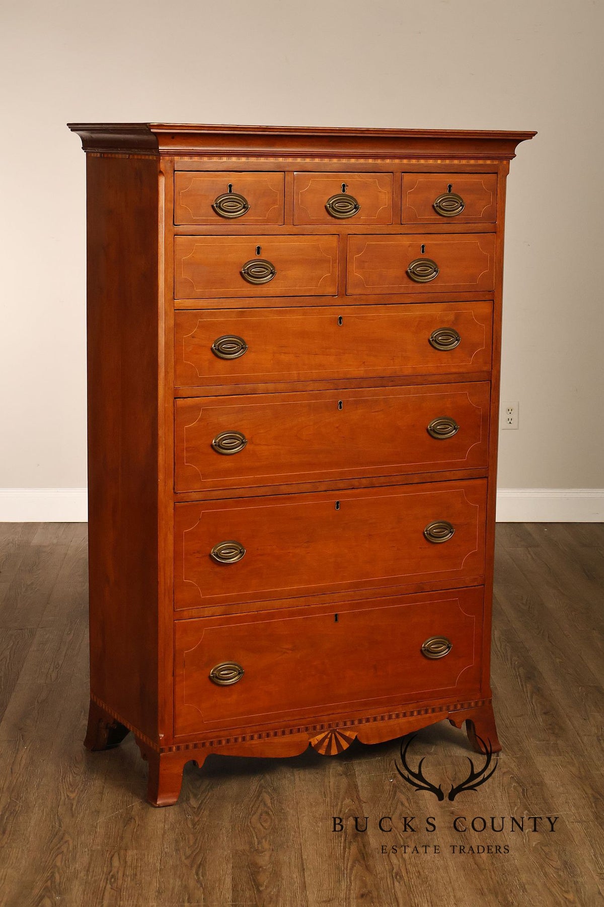 Antique Hepplewhite Inlaid Cherry Tall Dresser