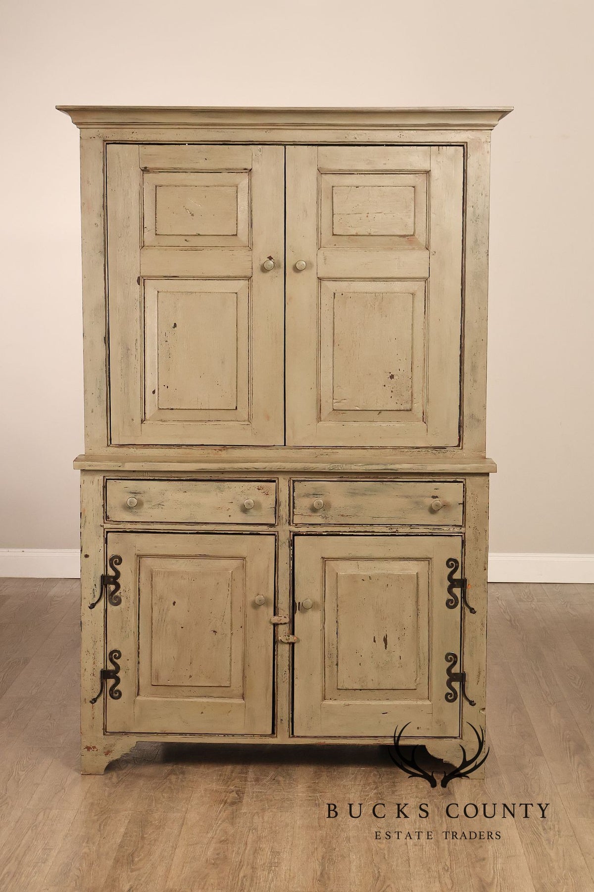 Vintage Distressed Painted Pine Step-Back Cupboard Cabinet