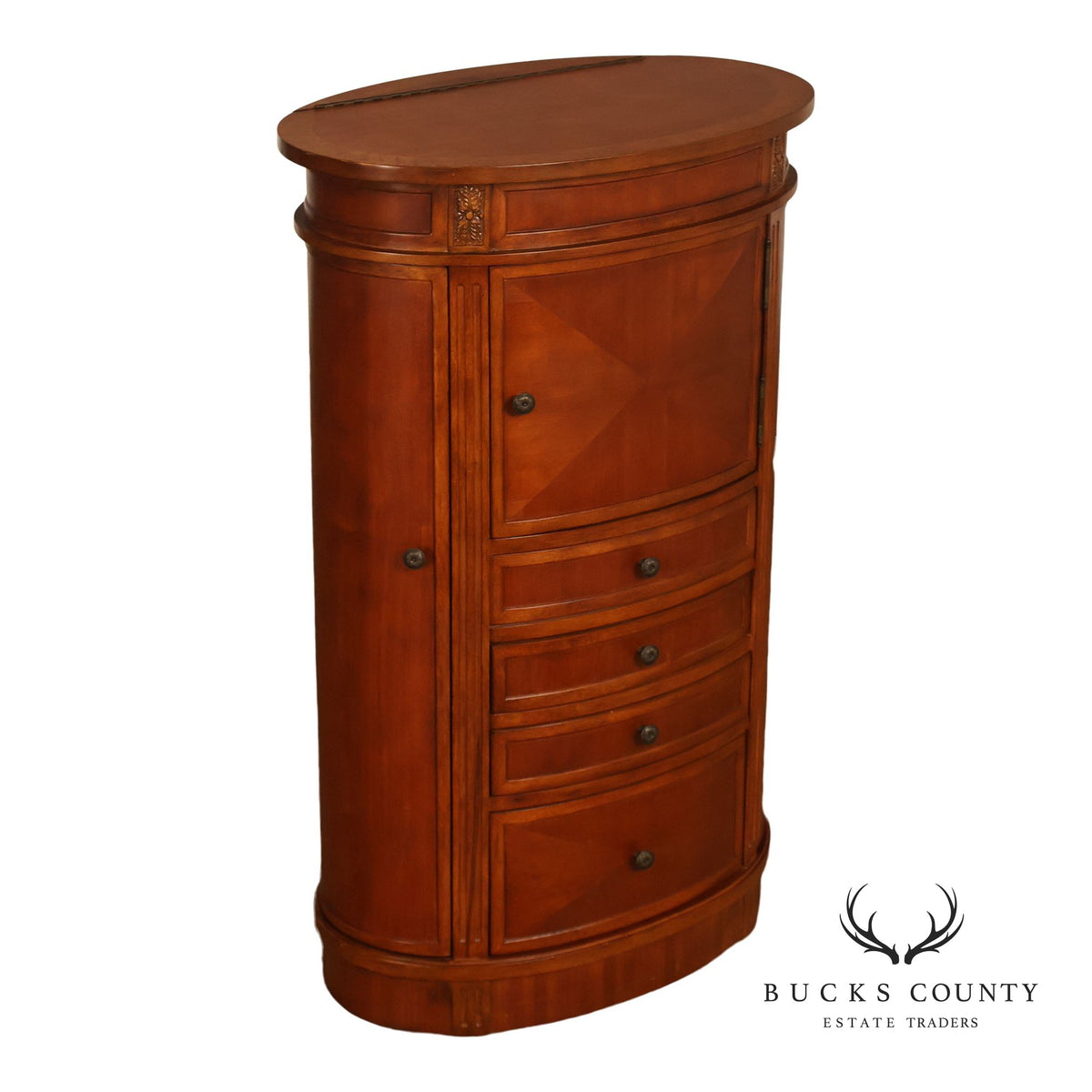 Oval Burl Wood Jewelry Armoire With Lift Top And Side Doors