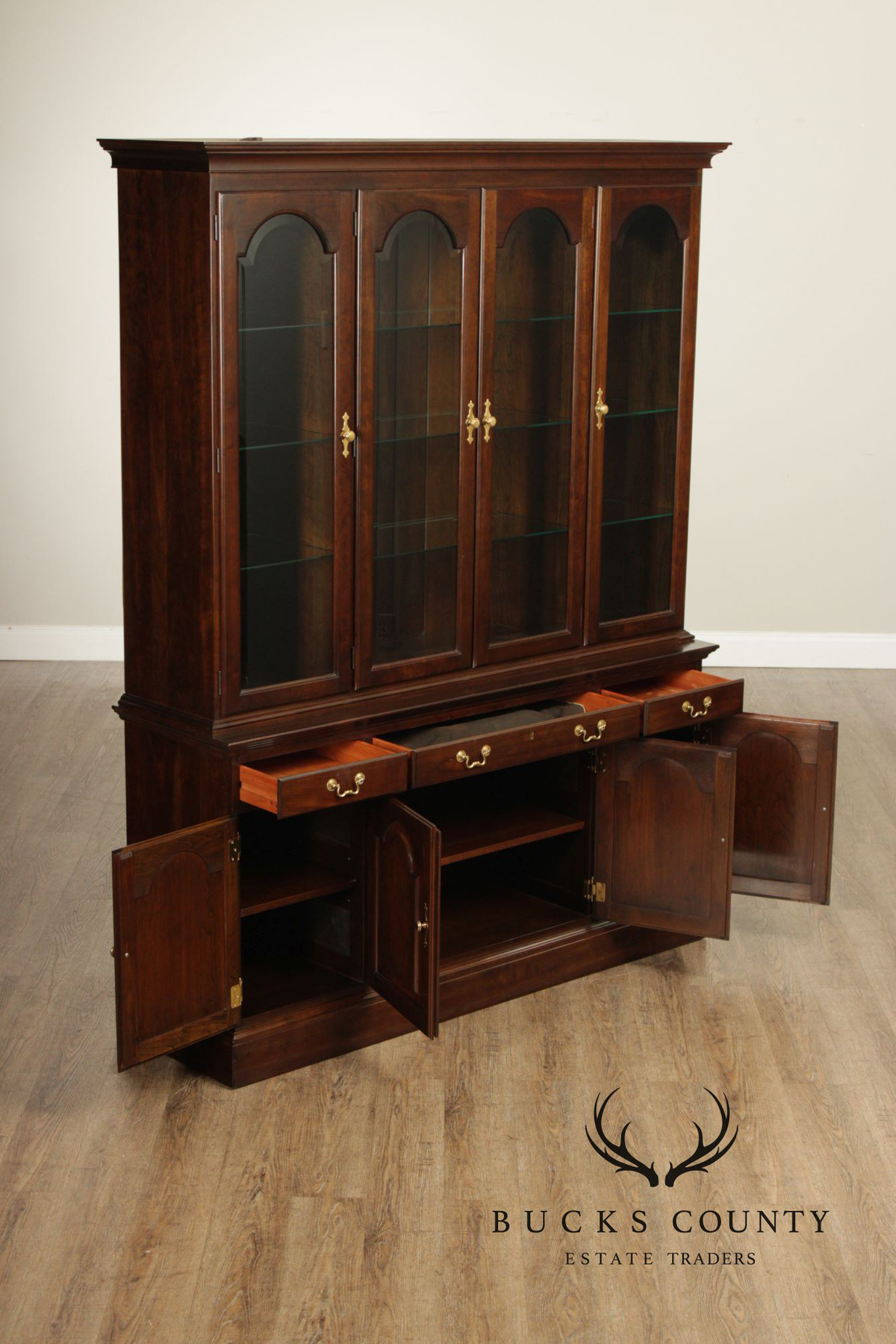 Stickley Traditional Style Cherry Lighted China Cabinet Hutch