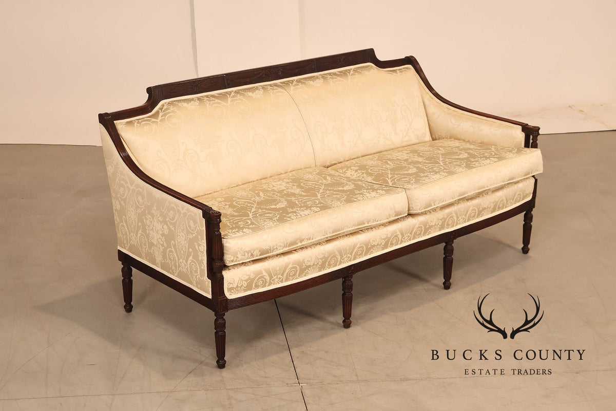 Federal Sheraton Style Upholstered Sofa With Carved Wood Frame