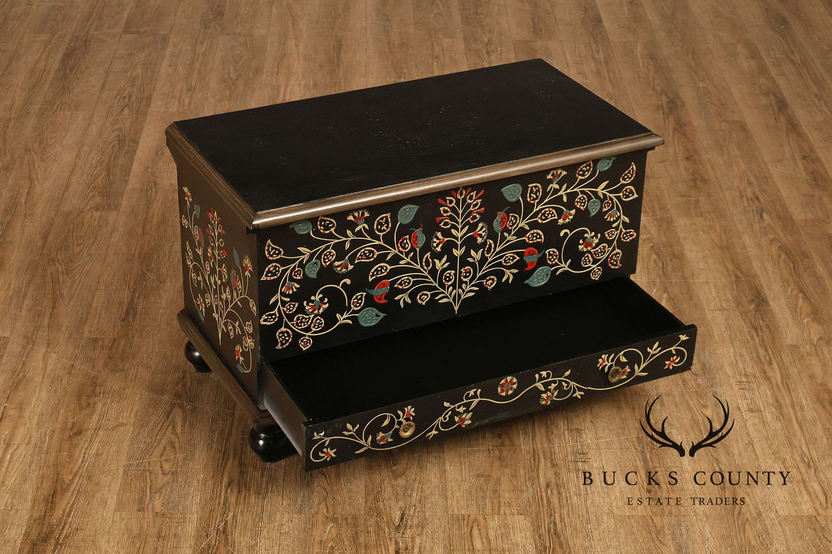 Hand Painted Black Floral Decorated Blanket Chest With Drawer