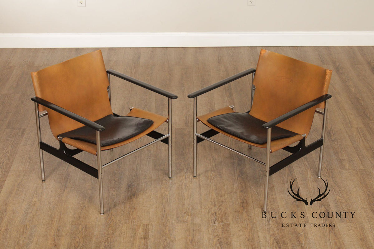 Knoll Mid Century Modern Pair of Leather and Chrome '657' Armchairs