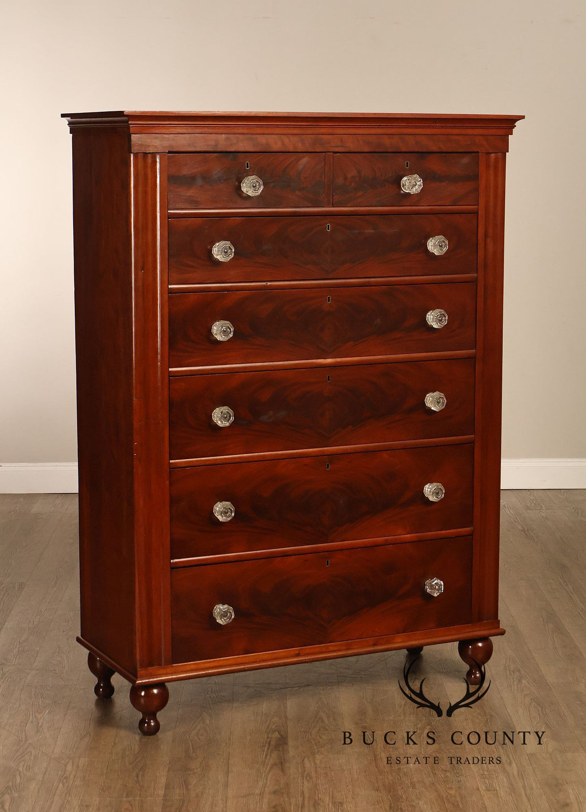 Antique American Classical Mahogany Tall Chest Of Drawers With Glass Knobs