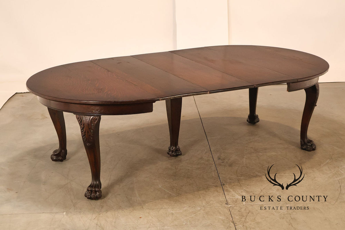 Antique Renaissance Revival Round Oak Expandable Dining Table