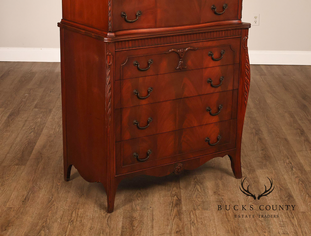 1940;s French Style Flame Mahogany Serpentine Chest-On-Chest