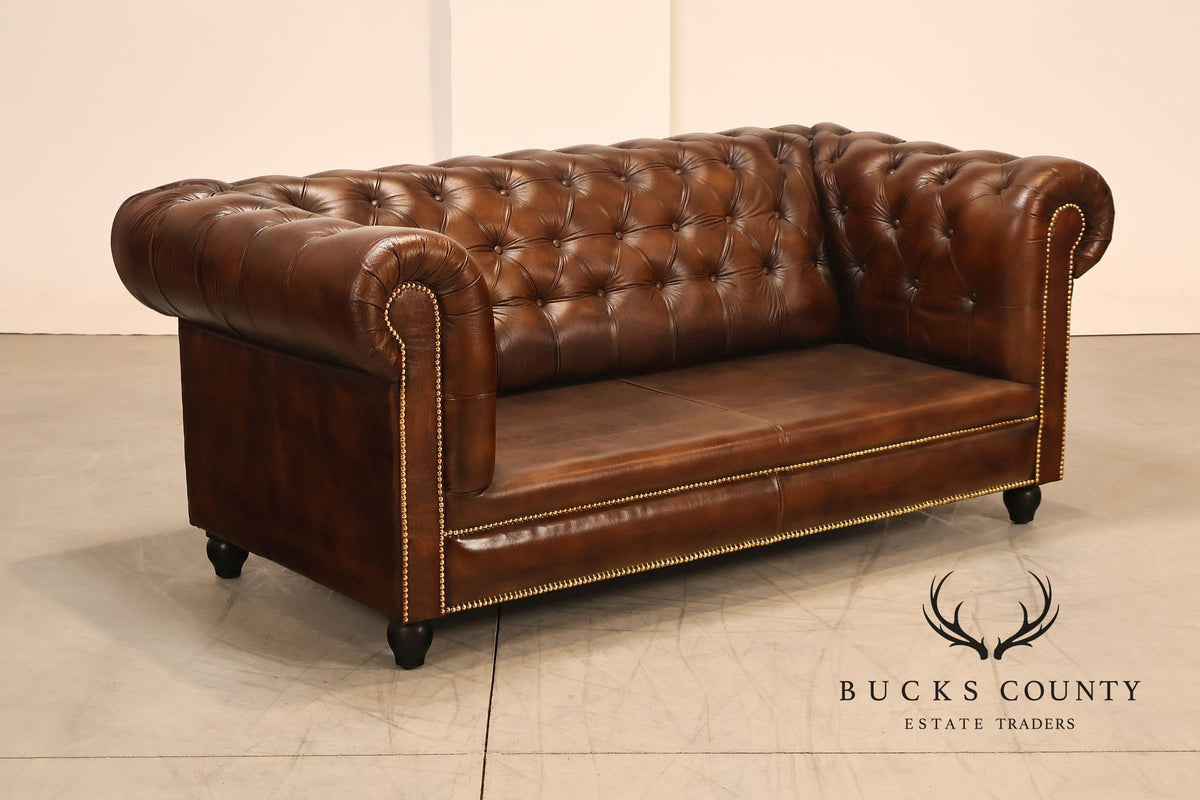 Chesterfield Style 6 Foot Cognac Brown Tufted Leather Sofa