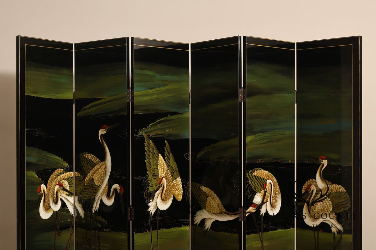 Japanese Style Hand Painted Lacquered Six-Panel Room Divider