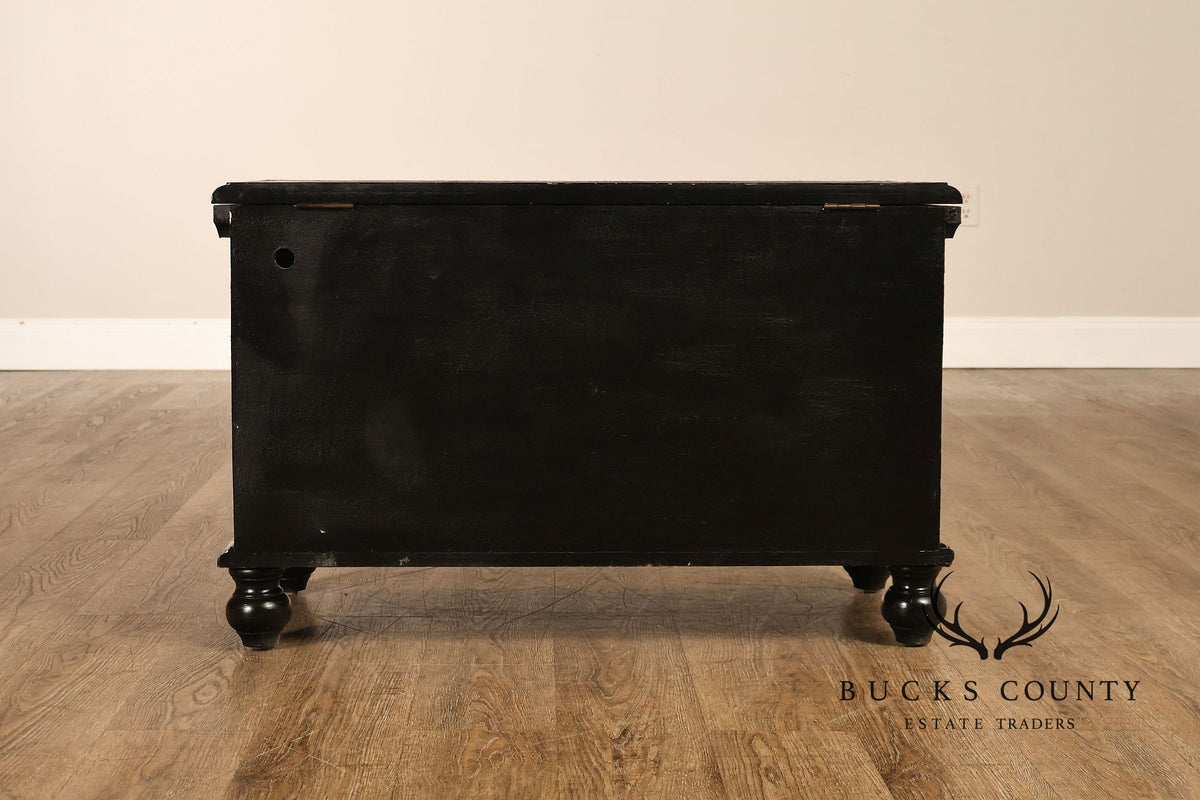 Hand Painted Black Floral Decorated Blanket Chest With Drawer