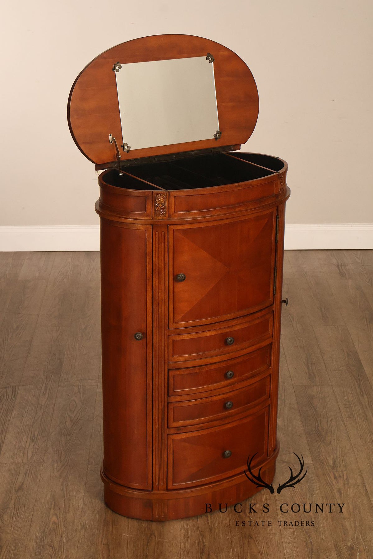 Oval Burl Wood Jewelry Armoire With Lift Top And Side Doors
