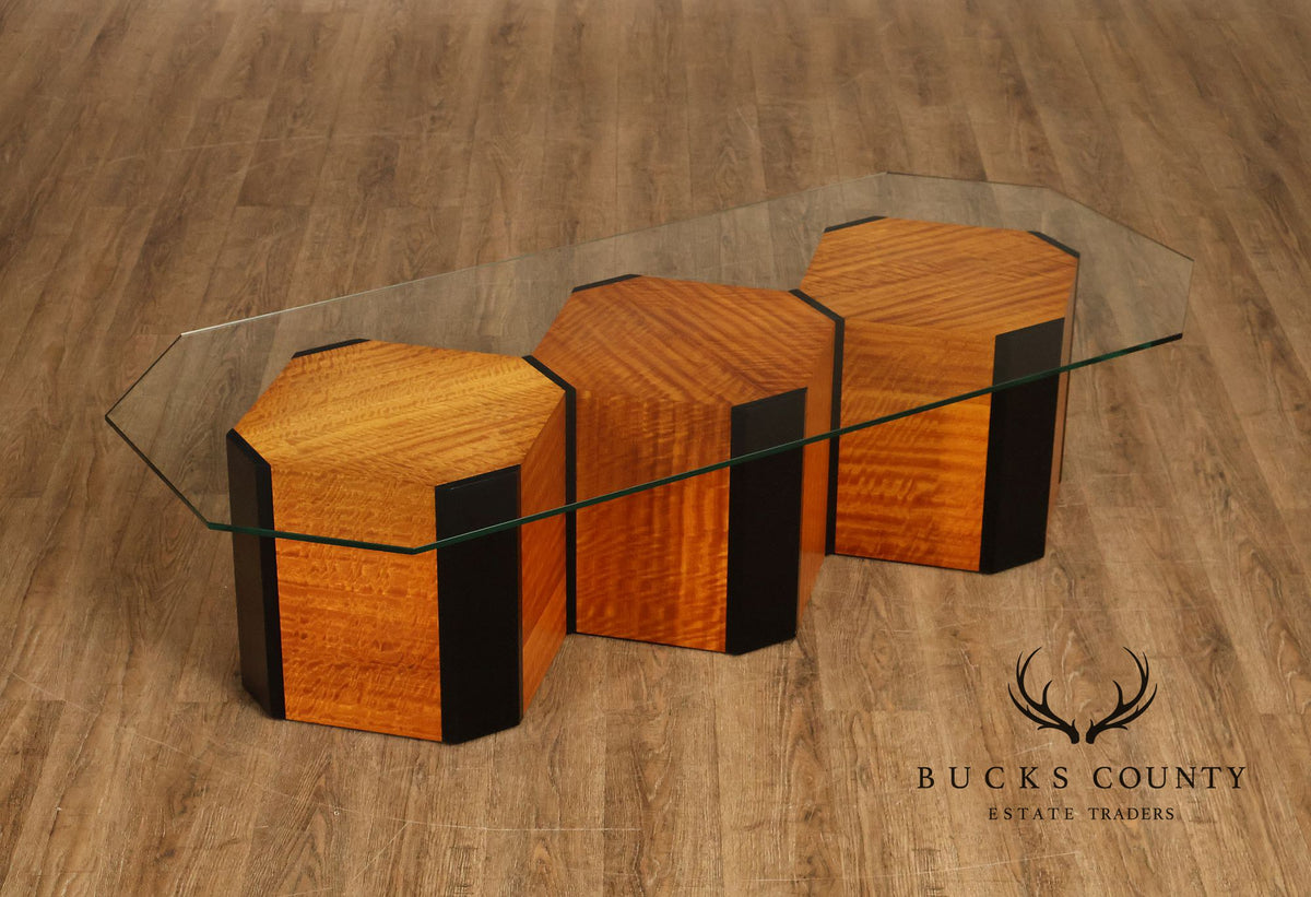 Honeycomb Style Glass Top Coffee Table With Figured Wood Base