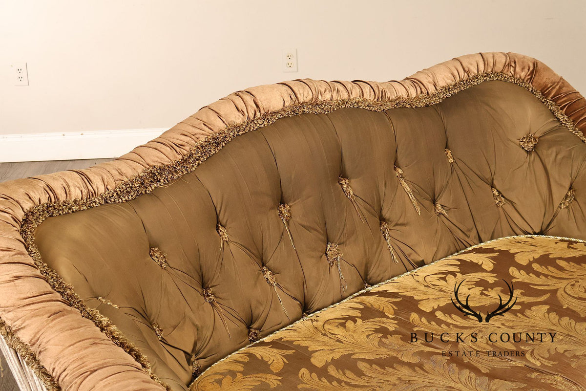 Tufted Rococo Camelback Sofa With Carved Gilt Trim