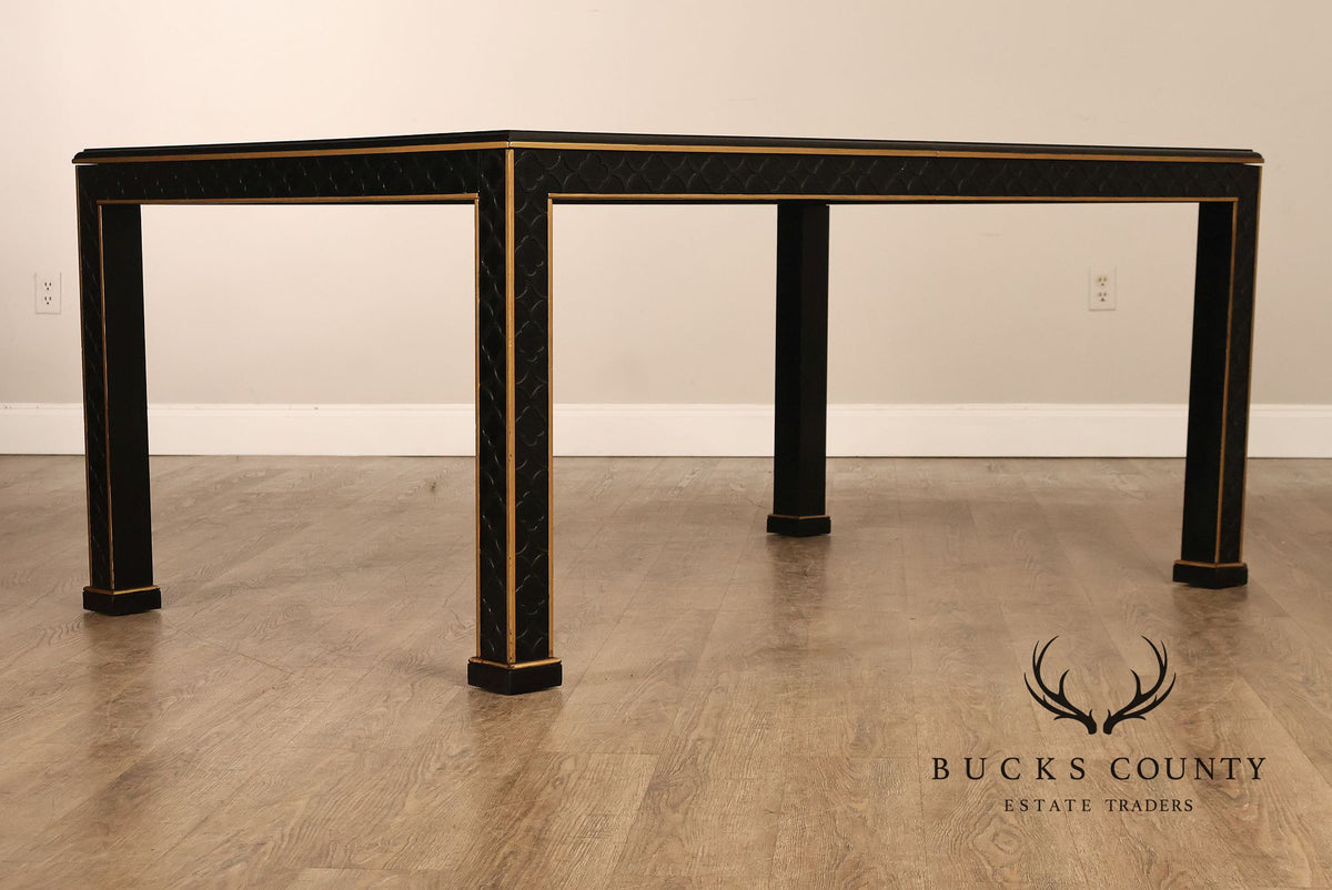 Chinese Chippendale Black Lacquered Dining Table With Two Leaves, Inset Glass