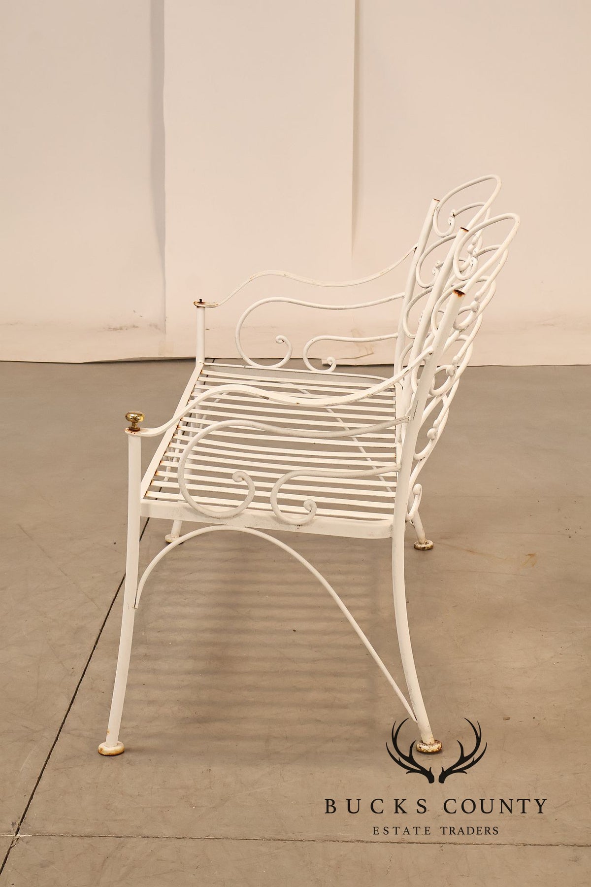 Woodard Vintage White Painted Wrought Iron Garden Bench With Scrollwork Back