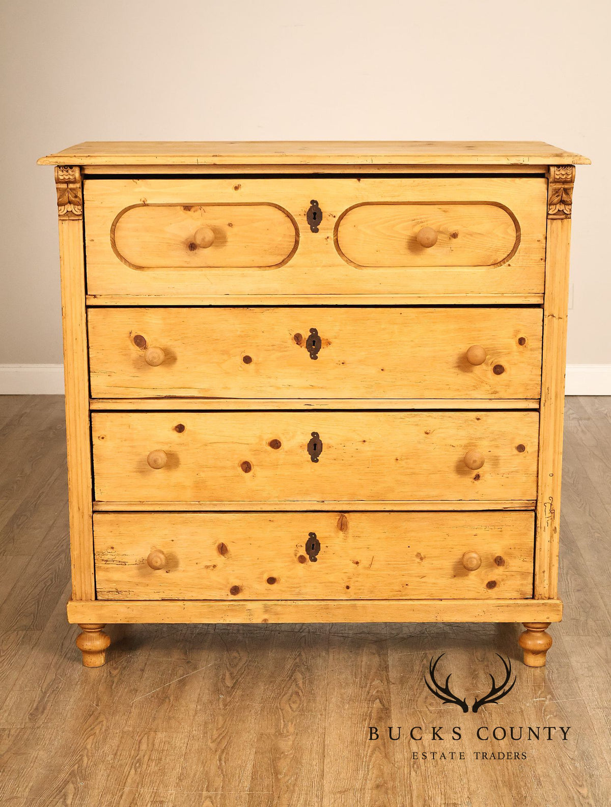 Antique Scottish Pine Chest Of Drawers Dresser With Carved Details