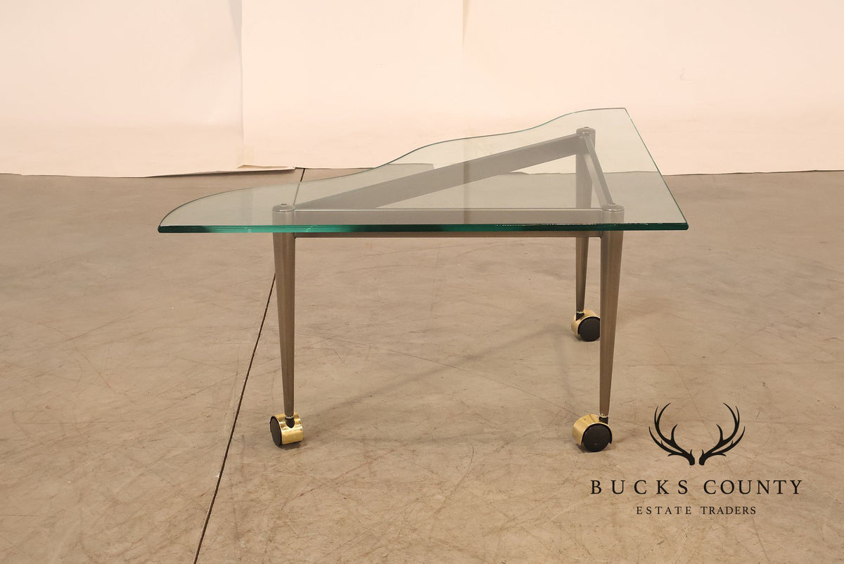 Postmodern Pair Of Triangular Glass Top Coffee Table with Brushed Steel Frame and Brass Casters