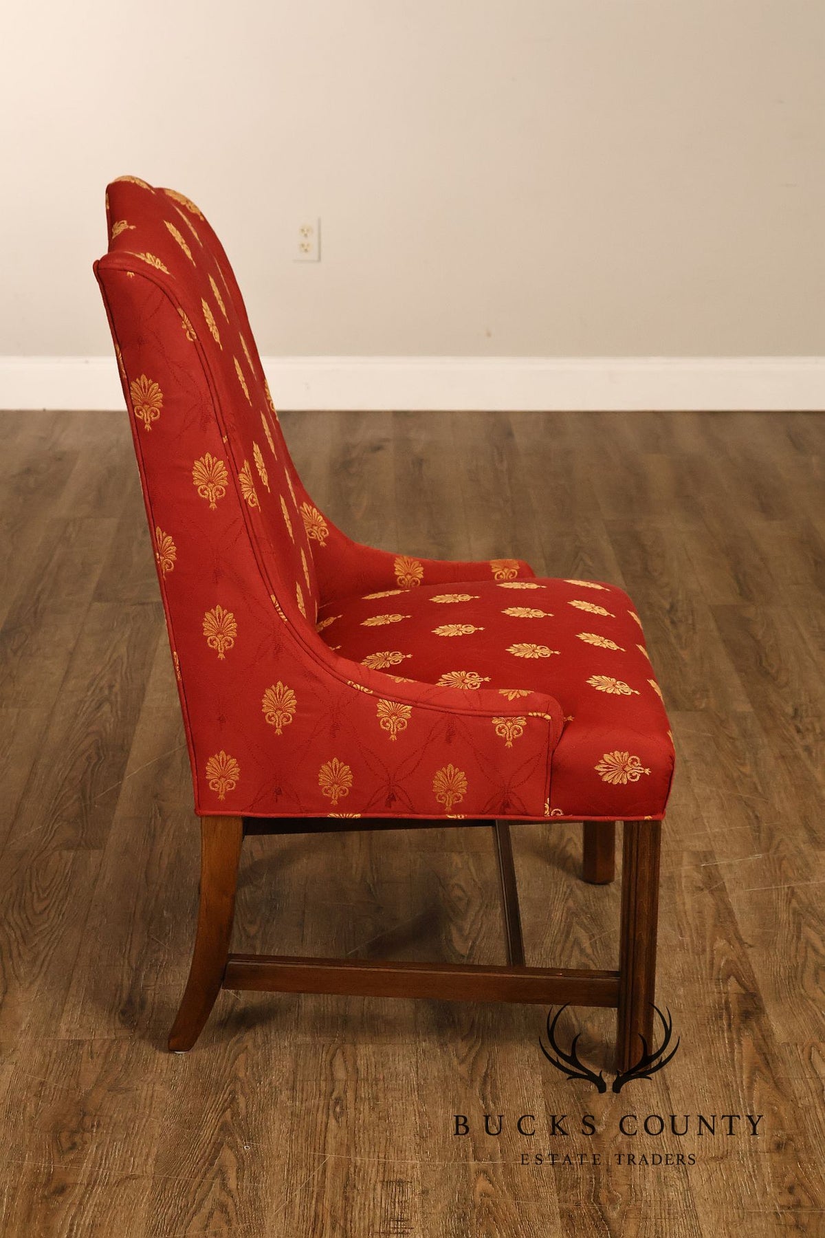 Pair Of Red And Gold Upholstered Wingback Accent Chairs With H-Stretcher Bases