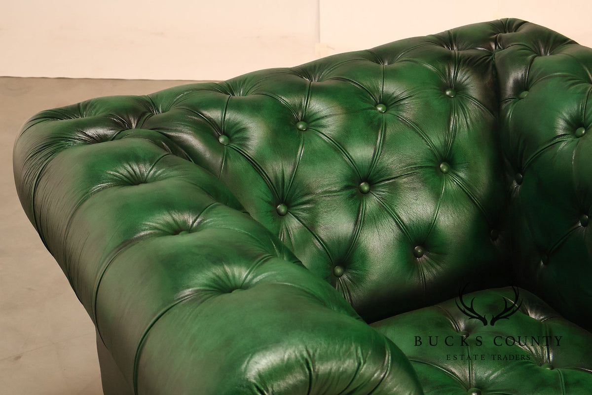 Chesterfield Style Pair of Green Leather Club Chairs