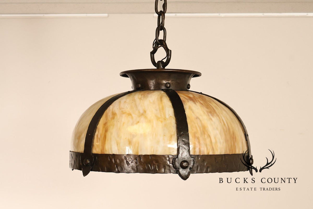 Antique Arts & Crafts Style Slag Glass Dome Pendant Chandelier