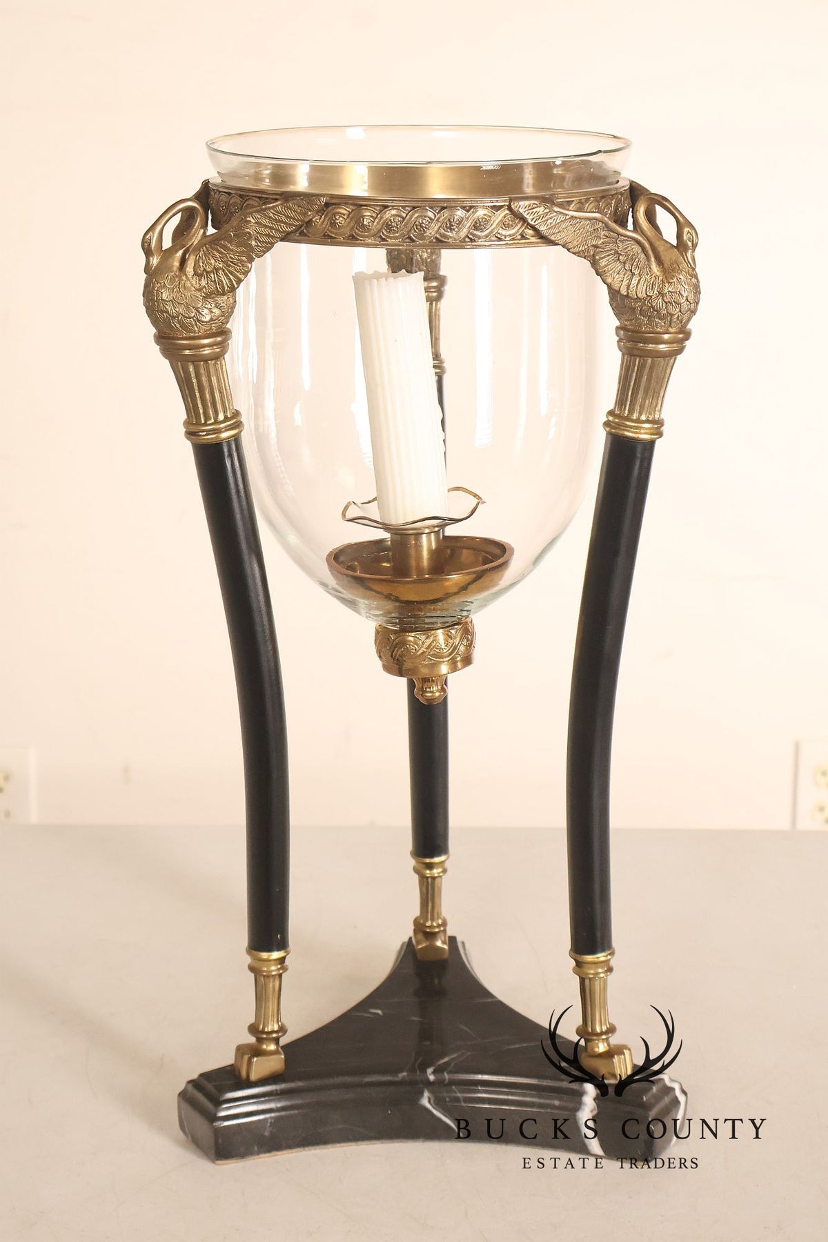Empire Style Brass Swan And Marble Hurricane Candle Holder