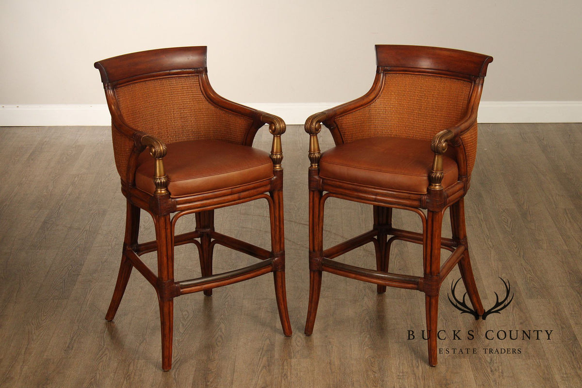 Pair Of Ethan Allen Leather And Rattan Bar Stools