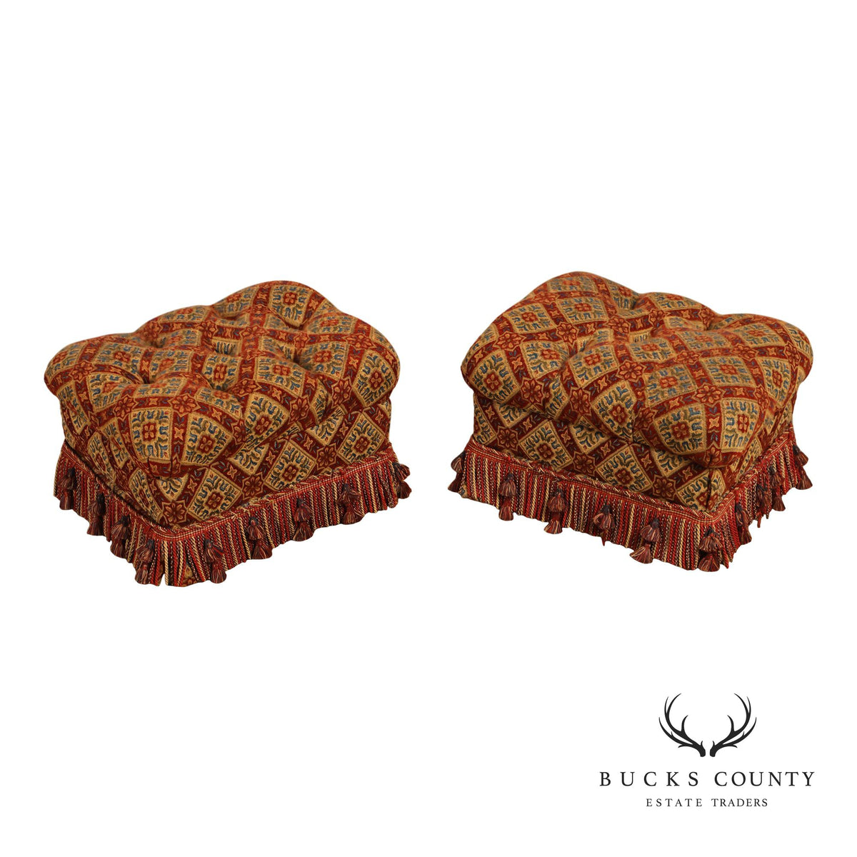 Pair of Tufted Upholstered Tassel Fringe Footstools Ottomans