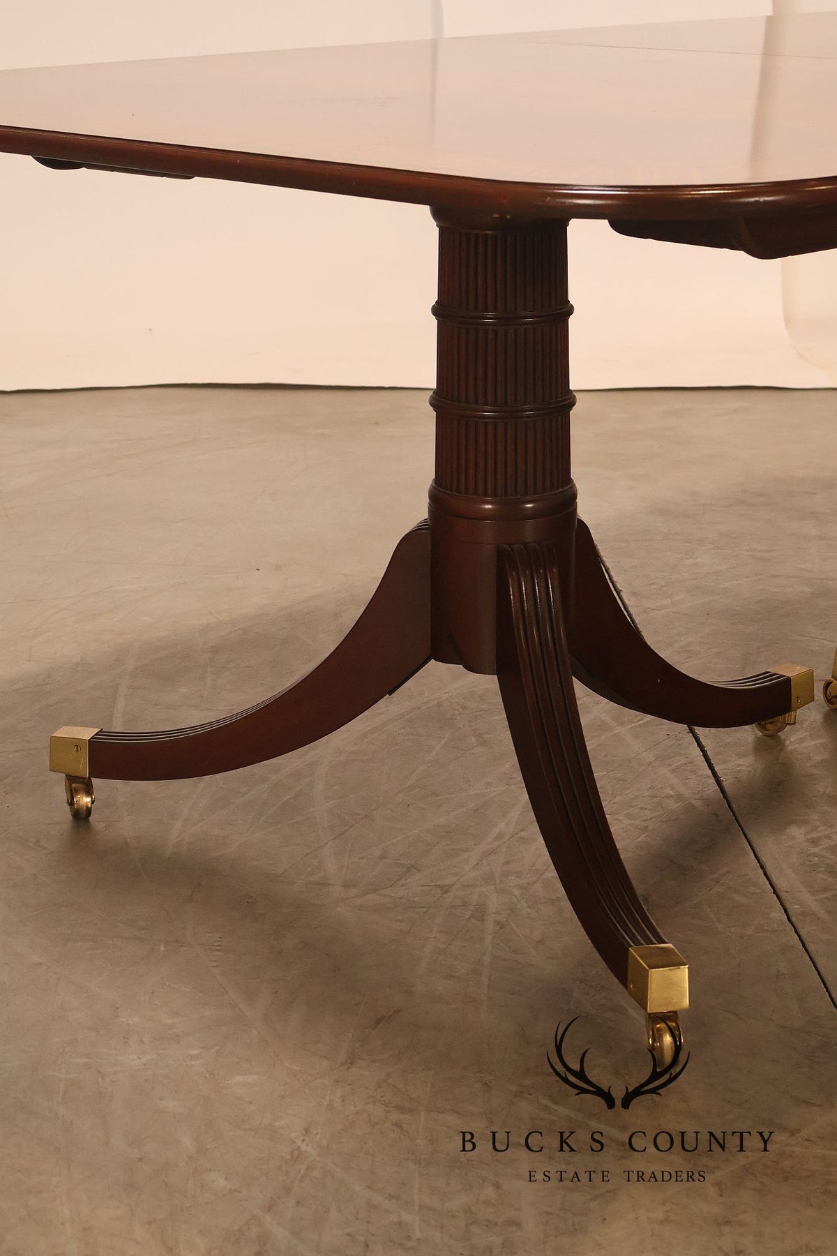 Baker Furniture Mahogany Banded Double Pedestal Extension Dining Table With Three Leaves