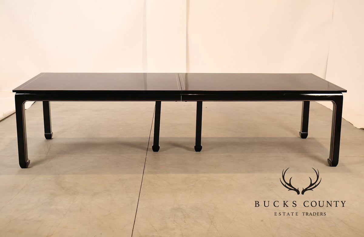 Custom Black Lacquered 12 Foot Extendable Dining Table With Gold Line Inlay