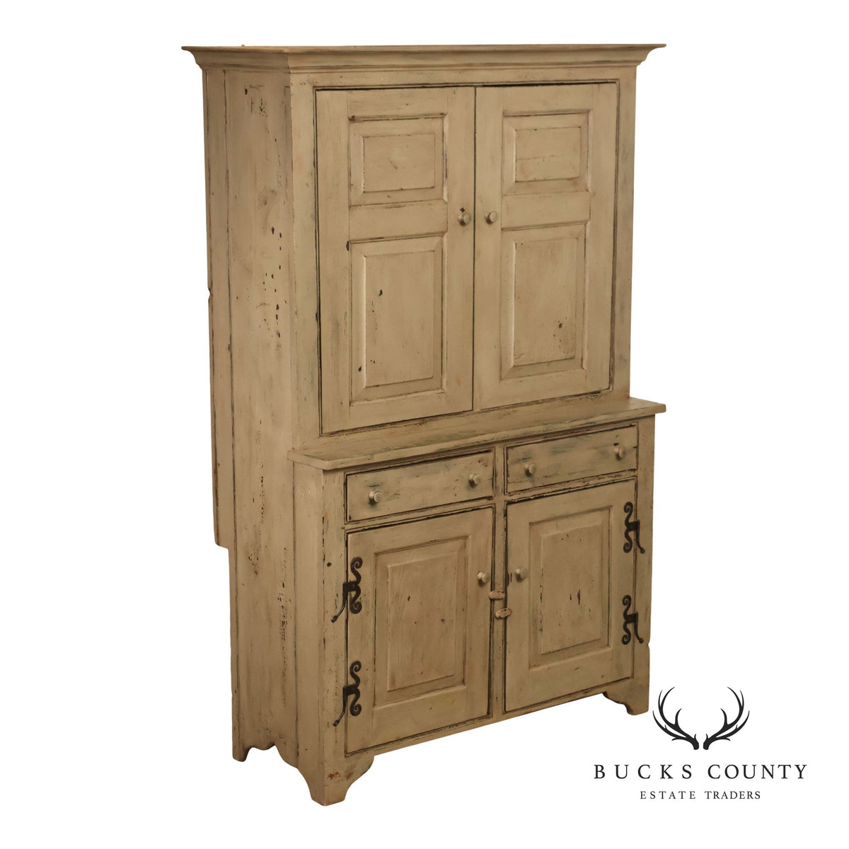 Vintage Distressed Painted Pine Step-Back Cupboard Cabinet