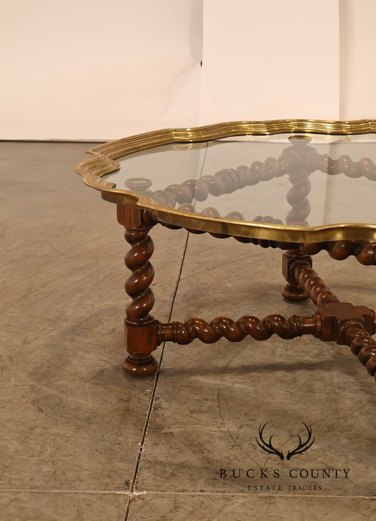 Baker Vintage Oak Barley Twist Scalloped Brass And Glass Top Coffee Table