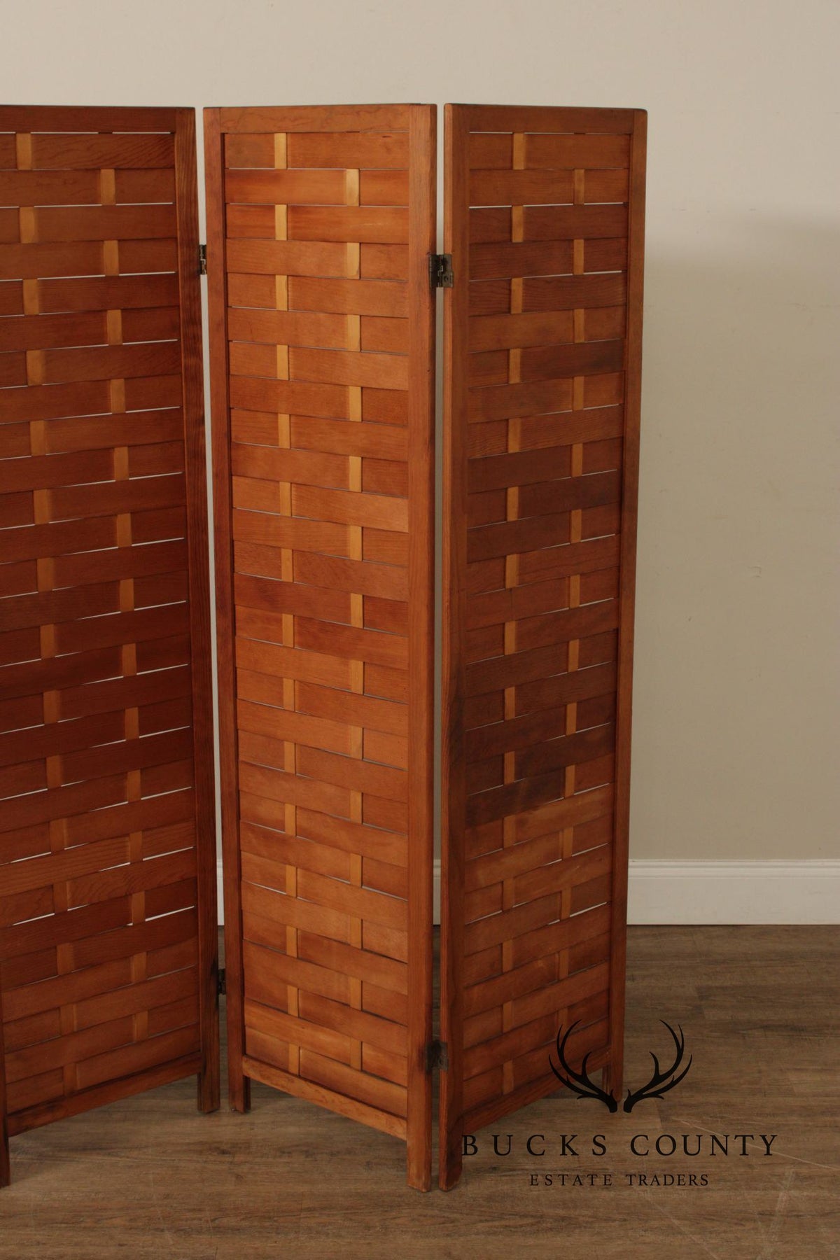 Mid Century Modern Woven Wood Four-Panel Screen