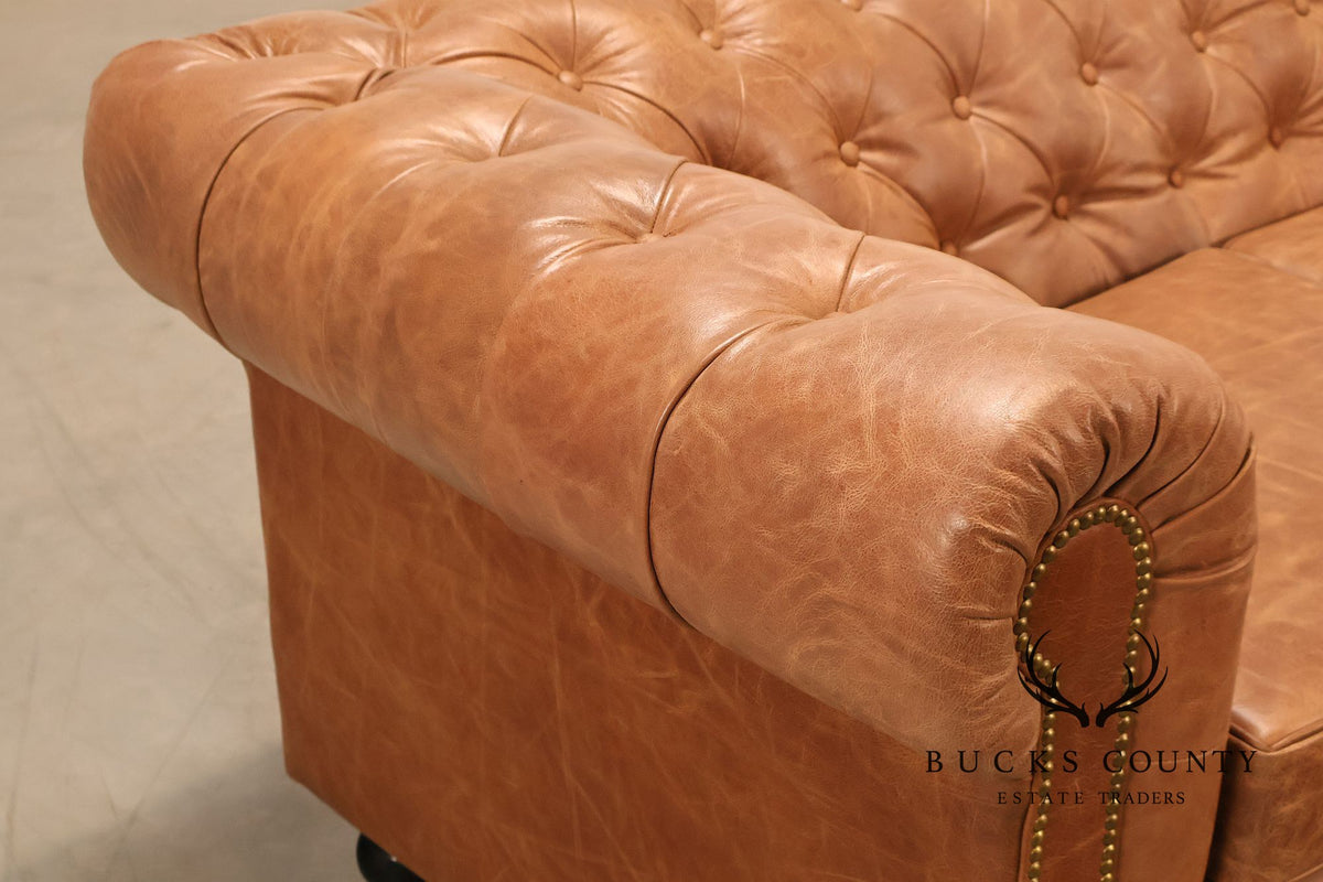 Chesterfield Style 8 Foot Distressed Brown Tufted Leather Sofa