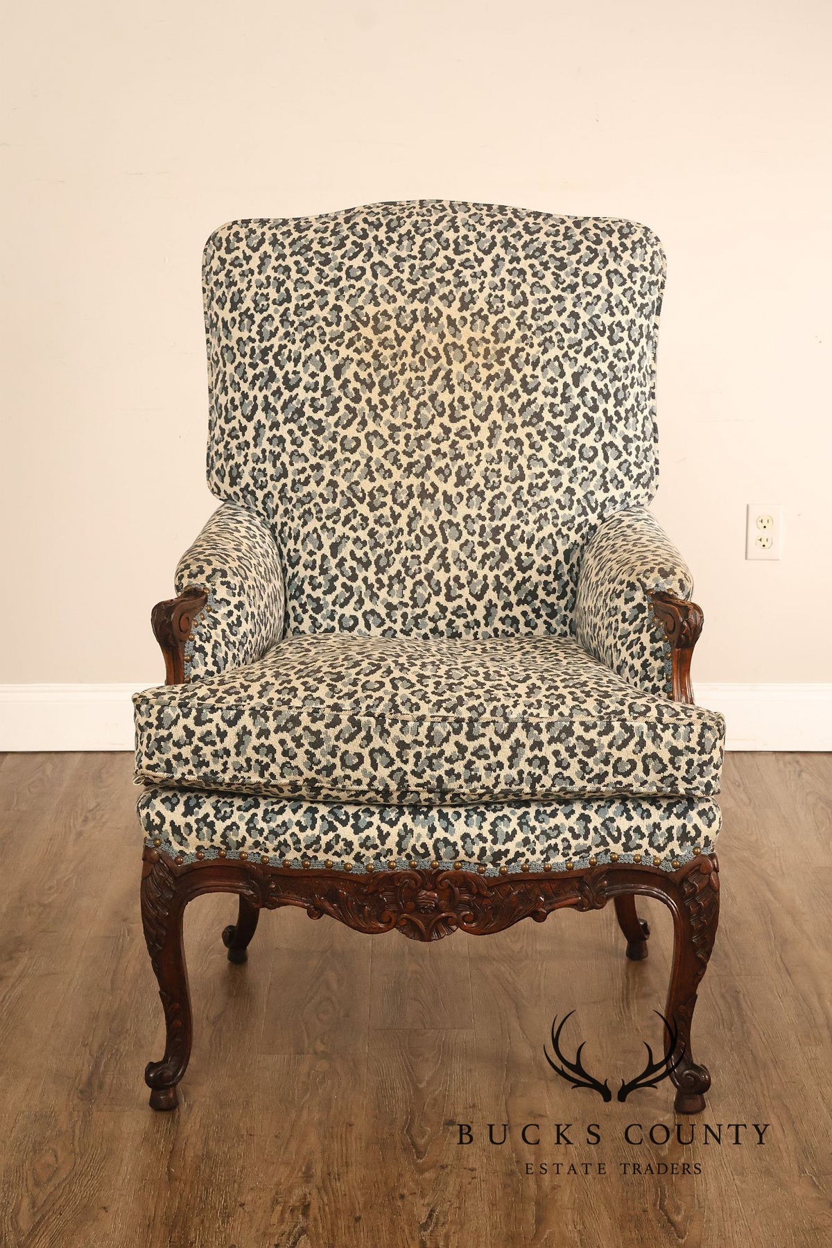 Vintage French Louis XV Style Carved Wood Leopard Upholstered Bergere Armchair