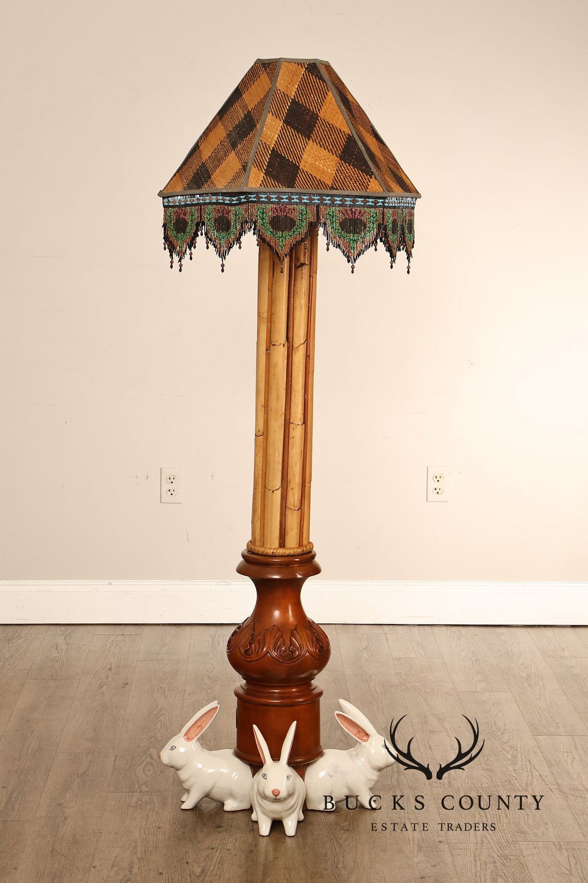MacKenzie-Childs Rabbit Floor Lamp With Bamboo Column And Beaded Shade