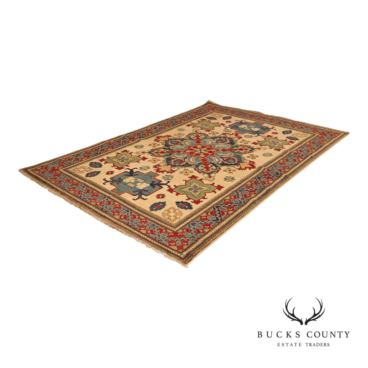 Afghan Kazak Style Wool Area Rug With Central Medallion 6x9
